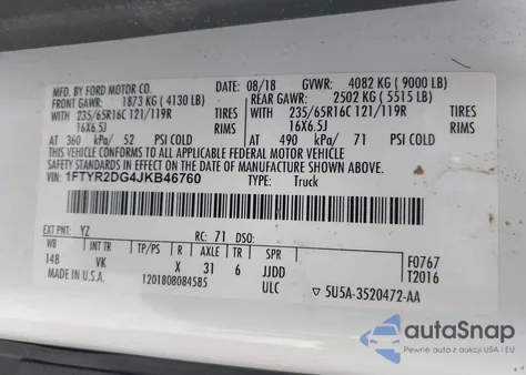 2018 Ford Transit-250 from USA, damaged, VIN 1FTYR2DG4JKB46760